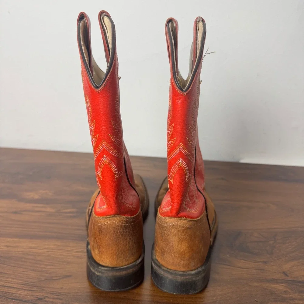 Old West Kids BSY1811 Red and Brown Leather Square Toe Cowboy Boots Size 4